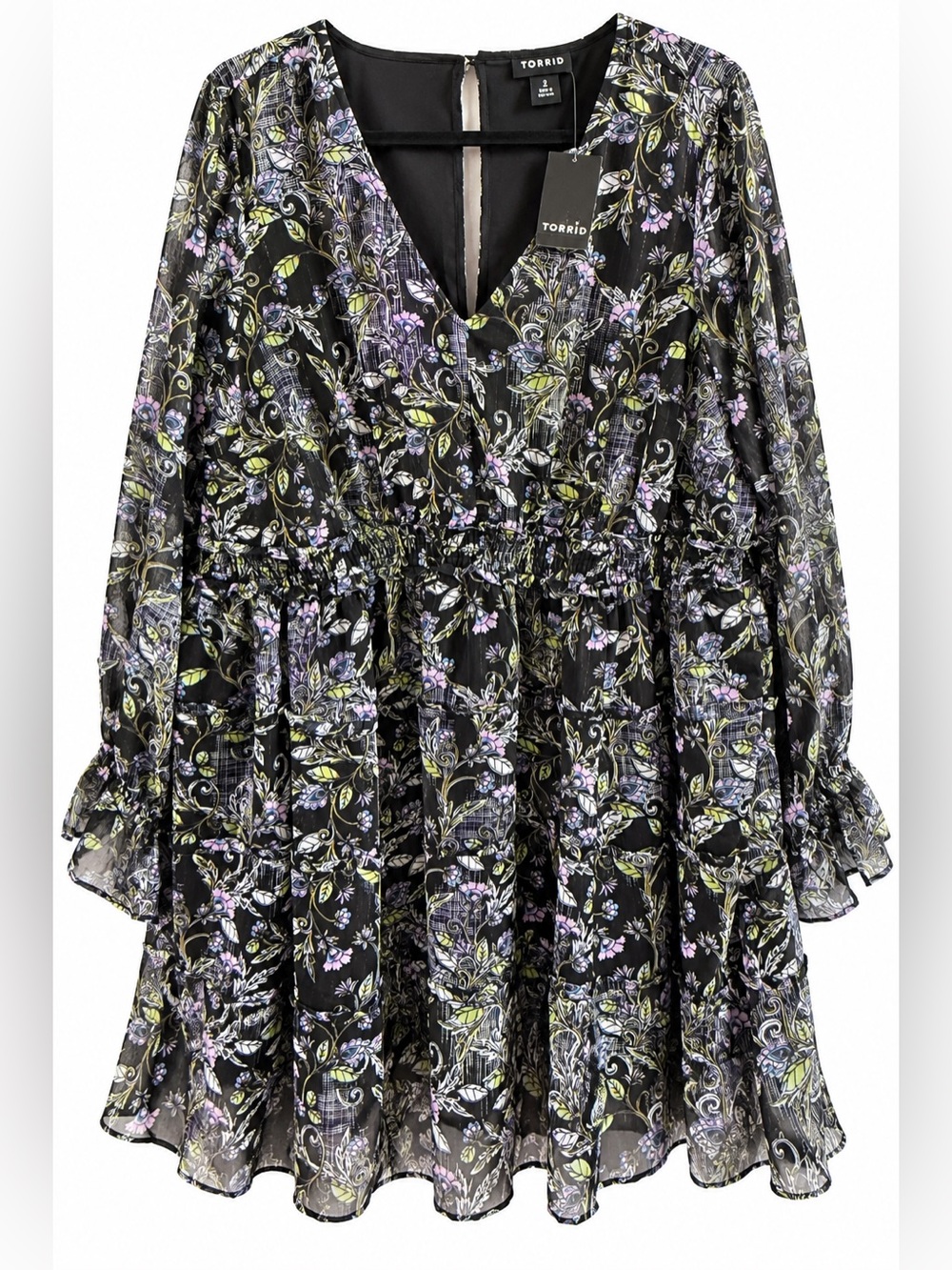 Torrid 2X Black Floral Lurex Chiffon Tiered Mini Dress NWT